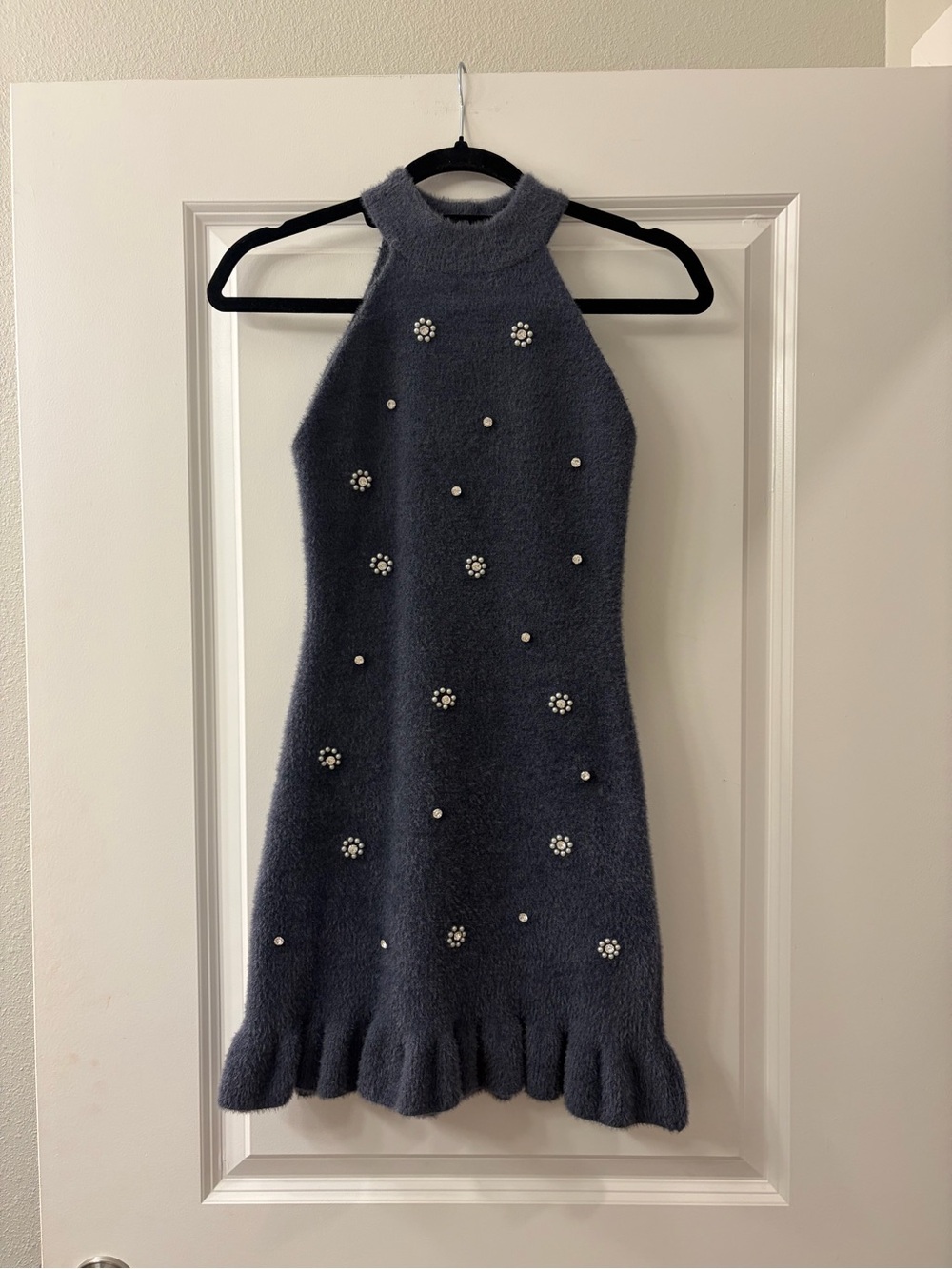 Zara Embellished Fuzzy Knit Halter Mini Dress